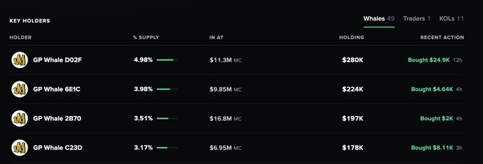A dark-themed crypto analytics dashboard showing 'KEY HOLDERS' with top 'GP Whale' addresses and their holdings ranging from 3.17% to 4.98% of supply.