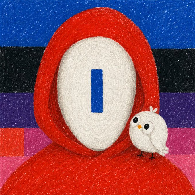 A colored pencil drawing of a figure in a red hooded cloak with a blank white face featuring a blue rectangular mouth, accompanied by a small white owl, set against a background of blue, black, purple, and pink stripes.