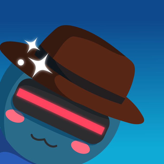 A digital illustration features a round, blue, blob-like character wearing a large brown hat and a black visor with a glowing pink stripe, sporting pink cheeks and a squiggly mouth.