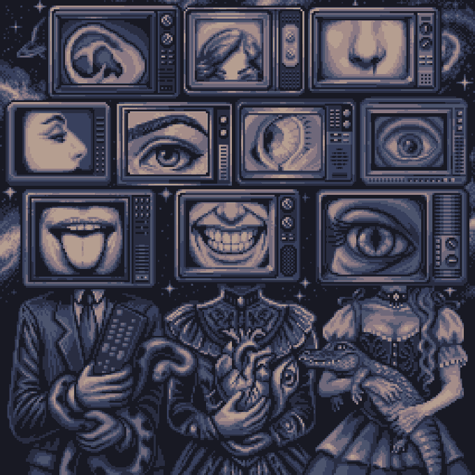 A pixel art image depicting three figures with vintage television sets for heads, each displaying different facial features and body parts, with one holding a remote and another a snake.