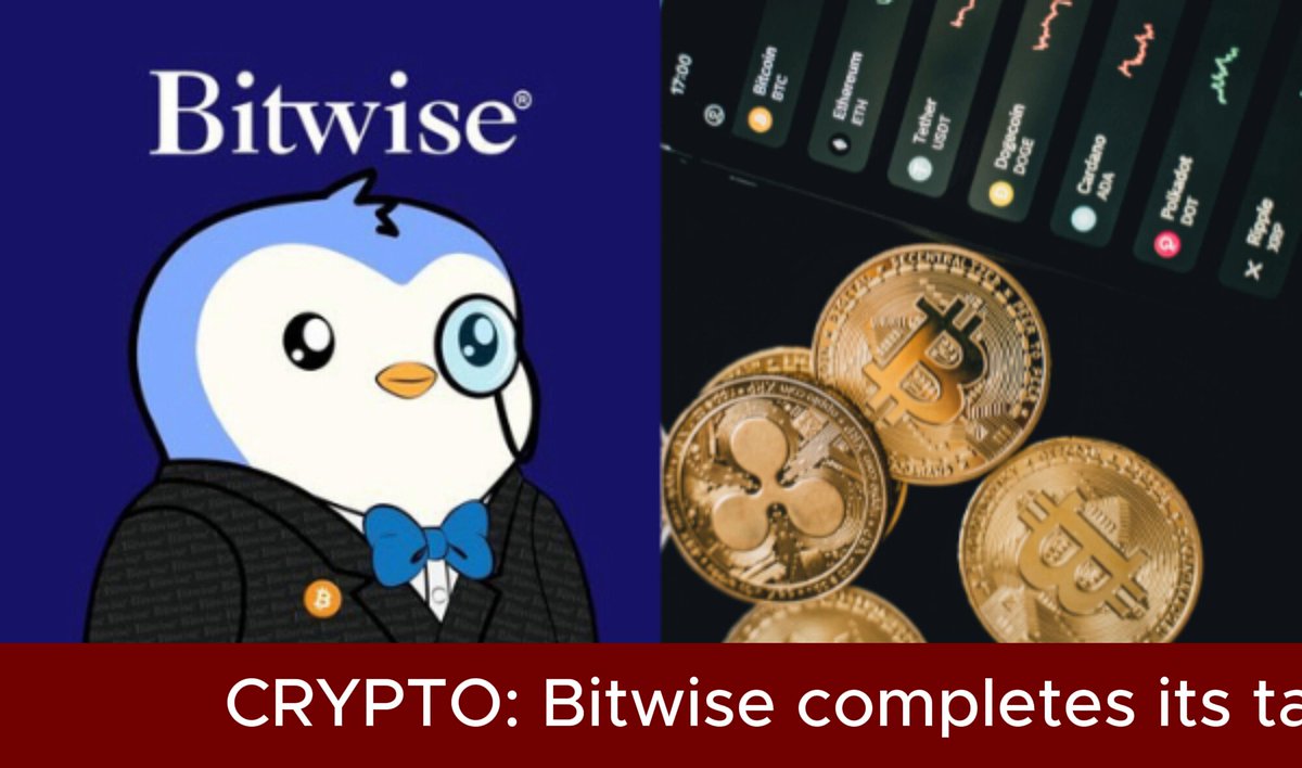 The image features a cartoon penguin wearing a suit and tie, standing next to a computer screen displaying a cryptocurrency exchange called Bitwise. The penguin is positioned above a list of coins, with Bitcoin being one of them. The text "XRP lands in Bitwise' first tokenized fund as the handoff completes @Bitwise has officially taken over the Crypto Carry Fund (ticker USCC), making it the firm' s first tokenized fund." indicates that XRP is now part of Bitwise's tokenized fund, and the penguin appears to be celebrating this achievement.