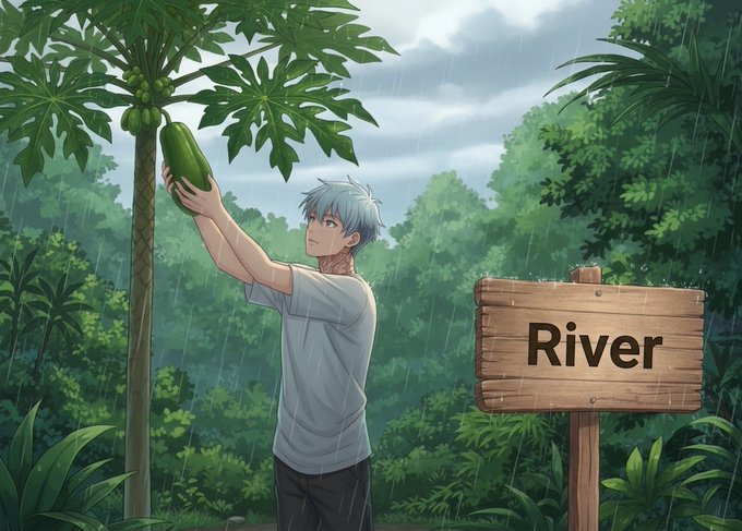 An anime-style boy reaches up to harvest a green papaya fruit from a tall tree in a lush, rainy jungle, with a wooden sign reading "River" beside him—symbolizing early growth and pioneering efforts. The image visually reinforces the caption's theme of new beginnings and steady, transformative progress, mirroring @RiverdotInc's journey of turning small ripples into powerful innovation.