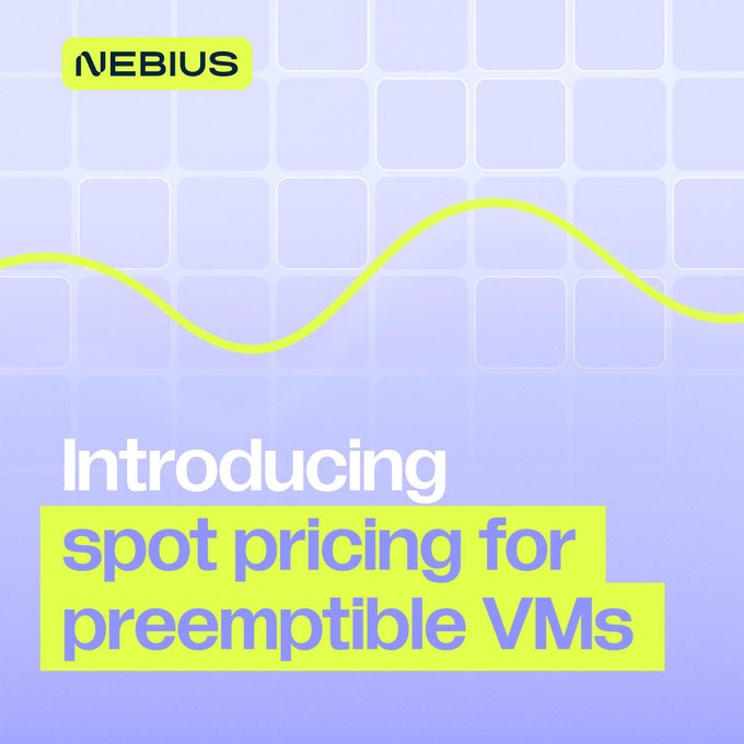 A promotional graphic from Nebius with a purple gradient background and a green wave design, announcing "Introducing spot pricing for preemptible VMs" in bold text that complements the post's announcement about dynamic VM pricing based on capacity and demand.