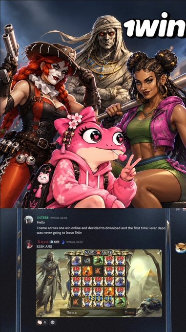 A Discord screenshot celebrating a '1 WIN' featuring various game characters and chat messages about depositing and playing slots.