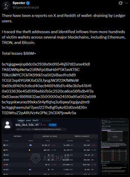 A Twitter post by Specter (@specterAnalyst) reports on a Ledger wallet drainer exploit affecting $860K+ across major blockchains including Ethereum, TRON, and Bitcoin.
