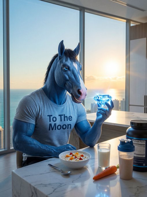 The image features a man dressed in a blue shirt sitting at a dining table with various food items such as rice porridge, carrots, milk, and protein shakes. The man appears to be holding a diamond-shaped object that has the words "To The Moon" written on it. The setting is an indoor space with a window overlooking the ocean, creating a serene atmosphere for the meal.
