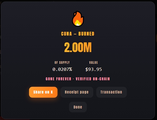 A token burn confirmation screen showing 'GUNA - BURNED' for 2.00M tokens, representing 0.0207% of supply with a value of $93.95, marked 'GONE FOREVER - VERIFIED ON-CHAIN' with options to share on X, view receipt page, or see the transaction.