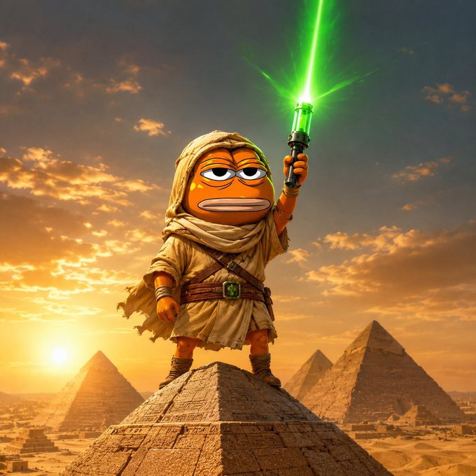 A 3D-rendered orange character dressed in a tan Jedi-style robe standing on a pyramid and holding up a glowing green lightsaber against a sunset sky.