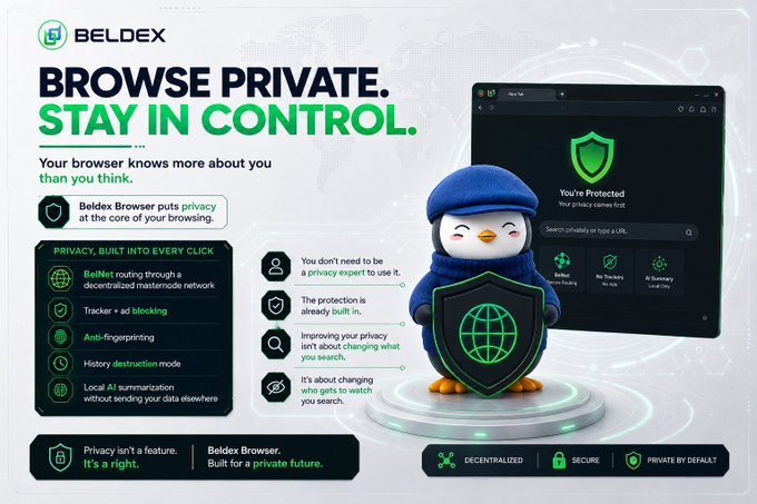 The image is a promotional graphic for Beldex Browser featuring the headline "BROWSE PRIVATE. STAY IN CONTROL." alongside a cartoon penguin mascot holding a shield with a globe, and a screenshot of the browser interface showing "You're Protected" with privacy features like BelNet routing, No Trackers No Ads, and AI-Summarizer Local Only.

This visually reinforces the post's message about how browsing data reveals more than expected, by showcasing Beldex's privacy-first features such as anti-fingerprinting, tracker/ad blocking, and history destruction mode.
