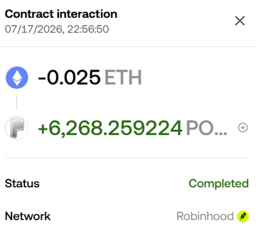 A crypto transaction confirmation showing a contract interaction dated 07/17/2026, where -0.025 ETH was exchanged for +6,268.259224 PO... on the Robinhood network.
