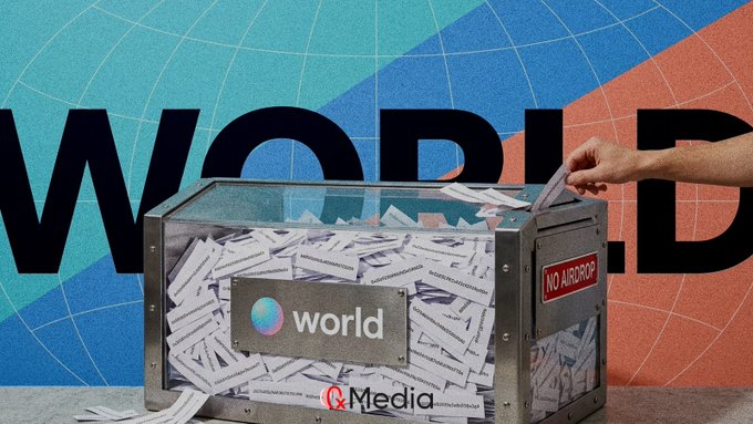 A metal box labeled "NO AIRDROP" and "world" filled with paper slips, with a hand dropping in another slip, branded "GX Media," set against a blue and orange WORLD coin backdrop.