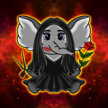 A cartoon illustration of a gray elephant-like character with large ears, wearing a black dress, holding a rose and scissors, set against a fiery red background.