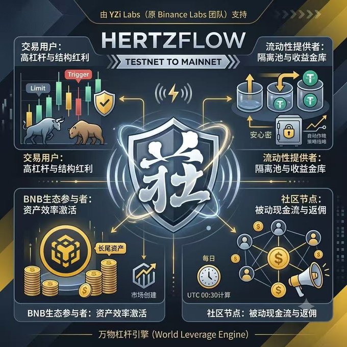 Infographic for 'HERTZFLOW' (狂) project supported by YZi Labs (former Binance Labs), illustrating a TESTNET TO MAINNET transition with components for trading users, liquidity providers, BNB ecosystem participants, and community nodes.