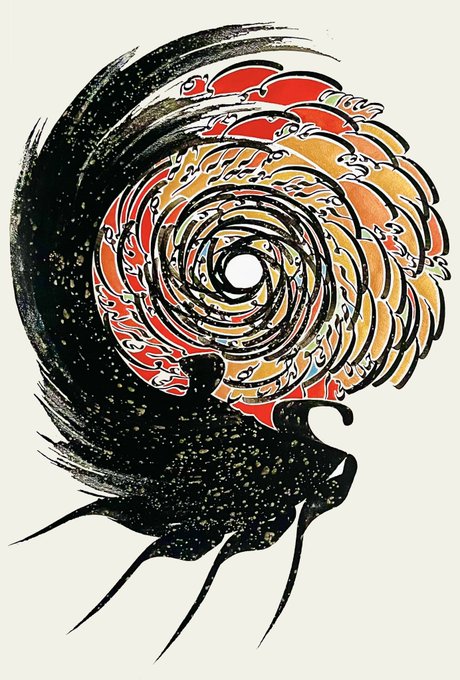 A vibrant tattoo-style illustration depicting a silhouetted figure with arms outstretched, unleashing a swirling spiral of red, orange, and golden wave patterns against a starry black background, embodying the artist's piece "Eshgh: A Universal Force" displayed on Times Square billboards at NFT NYC 2026.