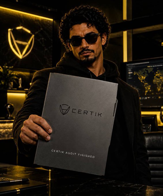 A man with curly hair and sunglasses holds a folder labeled "CERTIK AUDIT FINISHED" with the Certik logo, standing in a dimly lit room with a glowing shield emblem in the background.