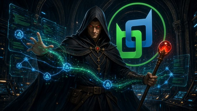 An AI-generated image of a hooded sorcerer with glowing red eyes wielding a staff with a red orb, manipulating floating data networks alongside a large green circular logo resembling a crypto exchange symbol.