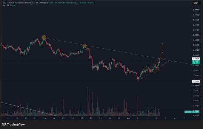 A TradingView chart of $OP/USDT on Binance shows price action pressing against a descending resistance trendline, with a cup-and-handle pattern forming at the swing low near 0.0818 USDT, supporting the post's claim of bullish strength and tightening structure ahead of a potential breakout.