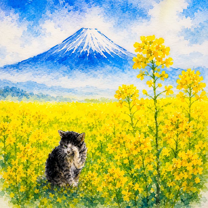 A watercolor painting features a fluffy gray and white cat sitting in a field of bright yellow flowers, with a snow-capped Mount Fuji towering in the background under a cloudy blue sky.