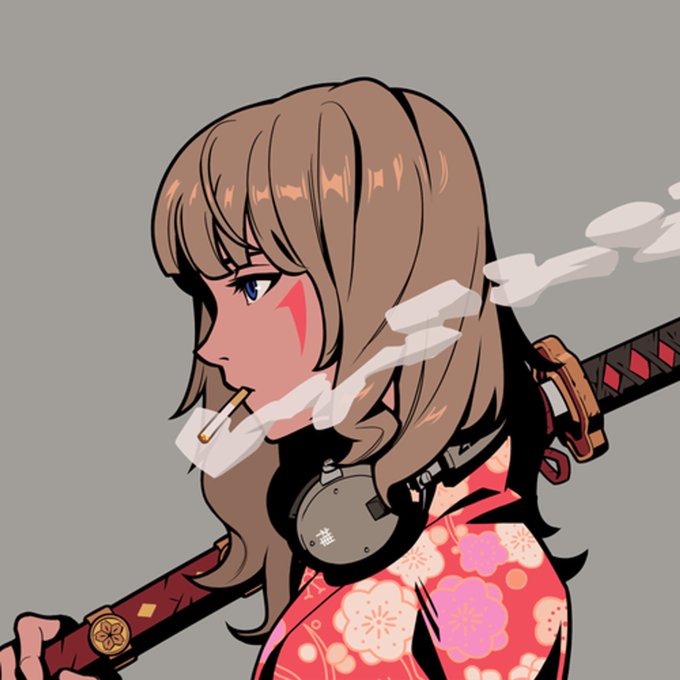 The image features an anime-style profile of a brown-haired character with a blue eye, red facial marking, and headphones, smoking a cigarette while carrying a katana over her shoulder and wearing a floral kimono. This artwork represents Azuki #1579, an NFT from the Azuki collection, which was sold for 0.9595 ETH on OpenSea, with the "IKZ!" caption reflecting Azuki's signature tagline.