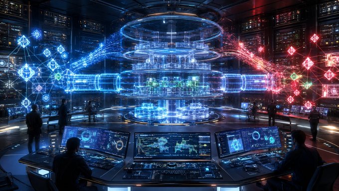 A futuristic control room with glowing blue holographic displays and networking nodes—including Ethereum and Avalanche logos—surrounds technicians monitoring data streams at curved consoles. The image visually echoes the post's theme of Aave V4's cross-chain expansion, depicting the kind of advanced, multi-network infrastructure through which Aave's modular "liquidity hub" architecture could be orchestrated and governed.