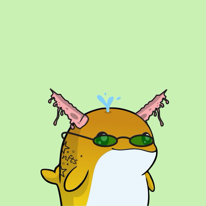 A cartoon illustration of an orange and white creature wearing green sunglasses with pink dripping horn-like appendages on its head, featuring 'nfts' written on its side, set against a light green background.