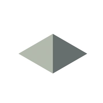 A minimalist digital graphic of a 3D diamond or cube shape in light green and dark gray against a white background.
