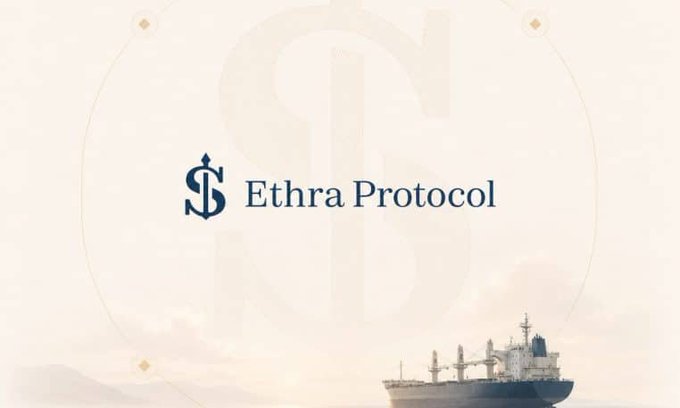 A minimalist promotional image for 'Ethra Protocol' with a dollar-sign-style logo, displayed against a faded background featuring a large dollar symbol and a cargo ship on water.