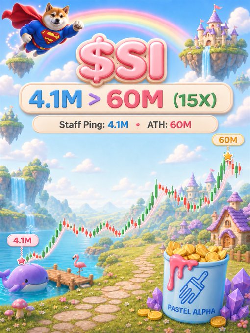 A colorful promotional graphic for a crypto token '$SI' by Pastel Alpha, featuring a cartoon Shiba Inu dressed as Superman, castles, rainbows, and a candlestick chart showing growth from 'Staff Ping: 4.1M' to 'ATH: 60M (15X)'.