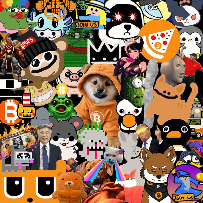 The image features a collage of various cartoon characters, including dogs, bears, and other animals, all wearing different outfits and accessories. The collage also includes elements such as Bitcoin logos and text related to Bitcoin. The main focus of the image is on the dog character, which appears in multiple positions throughout the collage. The post encourages people to join the Bitcoin family by using a specific hashtag or caption.