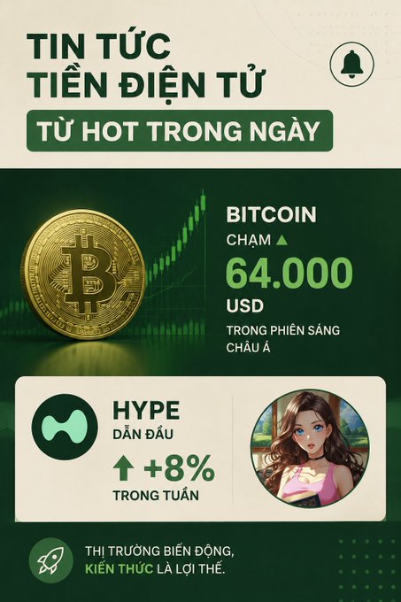 A Vietnamese cryptocurrency news graphic titled "TIN TỨC TIỀN ĐIỆN TỬ TỪ HOT TRONG NGÀY" showing Bitcoin touching $64,000 USD during the Asian morning session and HYPE leading with +8% weekly gains.