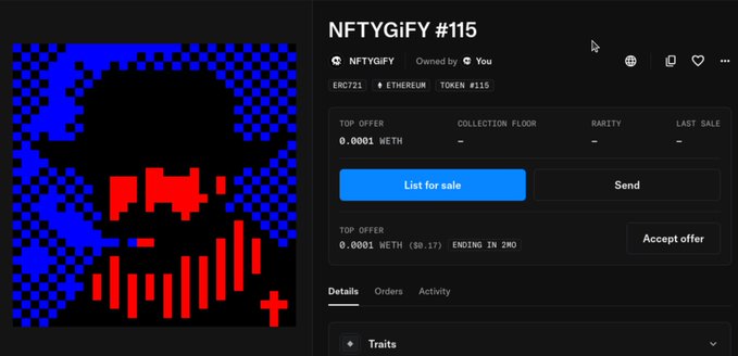 An OpenSea NFT listing page for 'NFTYGiFY #115' on Ethereum (Token #115), owned by the user, showing a pixel-art blue and red skull artwork with a top offer of 0.0001 ETH.