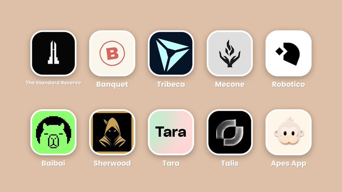 A grid of ten app icons with labels including 'The Standard Reserve', 'Banquet', 'Tribeca', 'Mecone', 'Robotico', 'Baibai', 'Sherwood', 'Tara', 'Talis', and 'Apes App' displayed on a beige background.