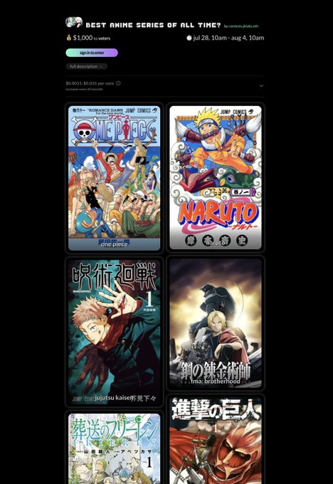 A poll titled "BEST ANIME SERIES OF ALL TIME?" by contests.2lads.eth with a $1,000 prize pool, featuring manga and anime cover art including One Piece, Naruto, Jujutsu Kaisen, Fullmetal Alchemist, and Attack on Titan.