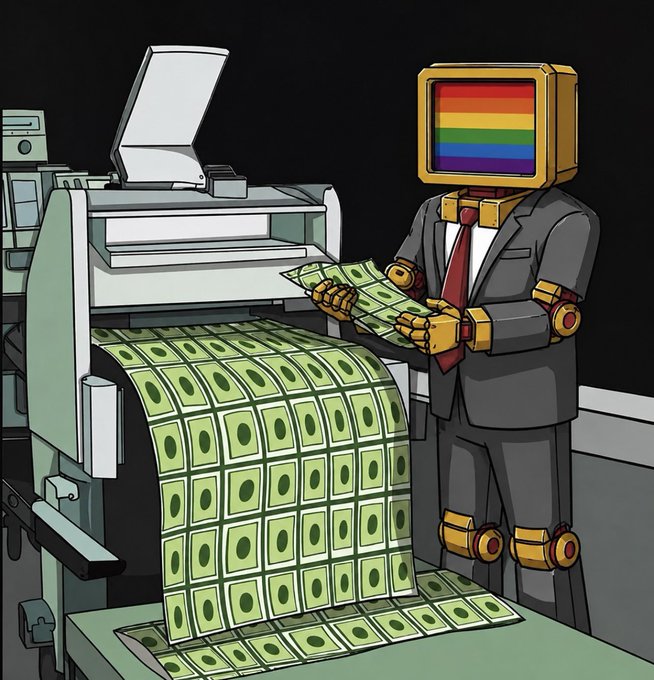 A cartoon illustration of a robot in a business suit with a rainbow-colored monitor face holding a stack of cash next to a printing press producing endless dollar bills.