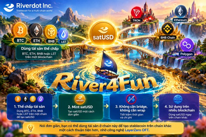 A colorful promotional graphic for Riverdot Inc. featuring the 'River4Fun' branding with a sailboat, showing various cryptocurrencies including BTC, ETH, BNB, LST, TRON, BNB Chain, and Polygon, along with satUSD and Vietnamese text explaining a stablecoin creation process.
