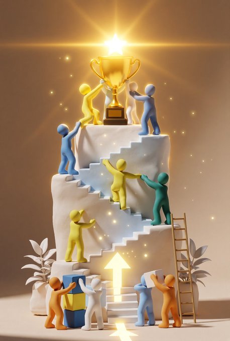 3D rendered illustration of colorful figures climbing stairs to reach a golden trophy at the top, with an upward arrow and a ladder.
