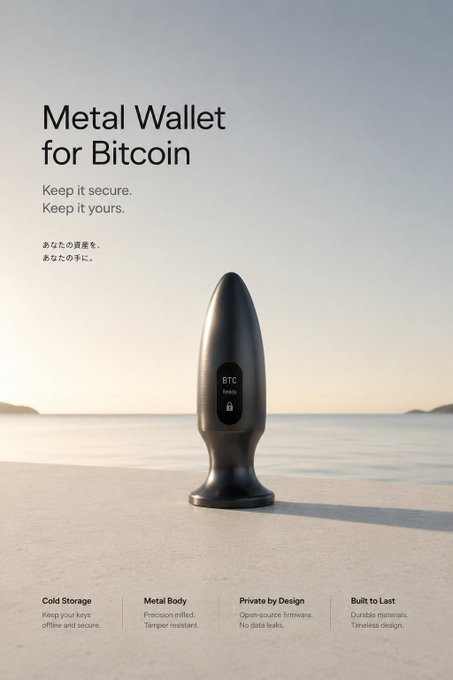A sleek, bullet-shaped metal Bitcoin cold wallet labeled "BTC Ready" sits on a sandy beach at sunset, embodying the post's claim of being "The Safest Bitcoin Cold Wallet" through its precision-milled, tamper-resistant body and offline key storage.