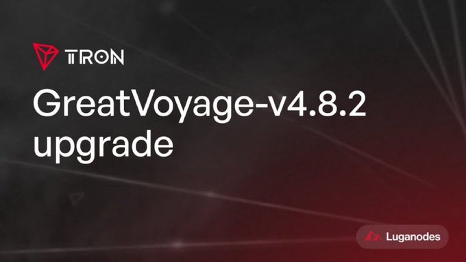 Promotional banner for the Tron GreatVoyage-v4.8.2 upgrade, featuring the TRON logo and Luganodes branding on a dark red background.