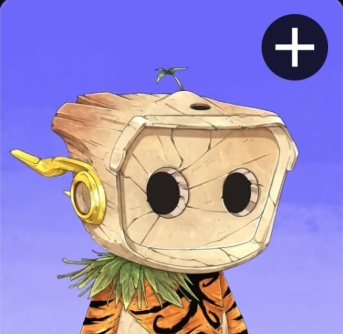 A digital character with a wooden box-like head, large round eyes, and tiger-striped clothing stands against a blue sky background, with a plus icon in the corner.