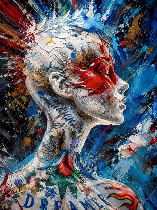 The image shows an expressive mixed-media painting of a tattooed figure with a striking red mask over the eyes, surrounded by explosive splashes of blue, red, and white paint. The word "DREAMER" is visible at the bottom on the figure's chest, fitting the post's caption by suggesting the artwork's bold, dreamlike intensity is impressively "cold blooded."