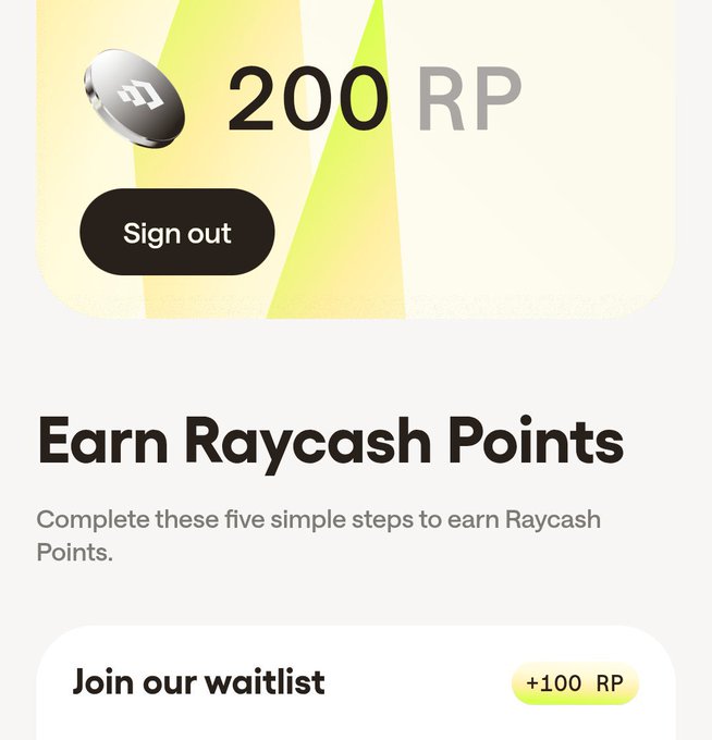 A mobile app screen shows a balance of '200 RP' alongside a 'Sign out' button, with text below titled 'Earn Raycash Points' and instructions to 'Join our waitlist' for '+100 RP'.