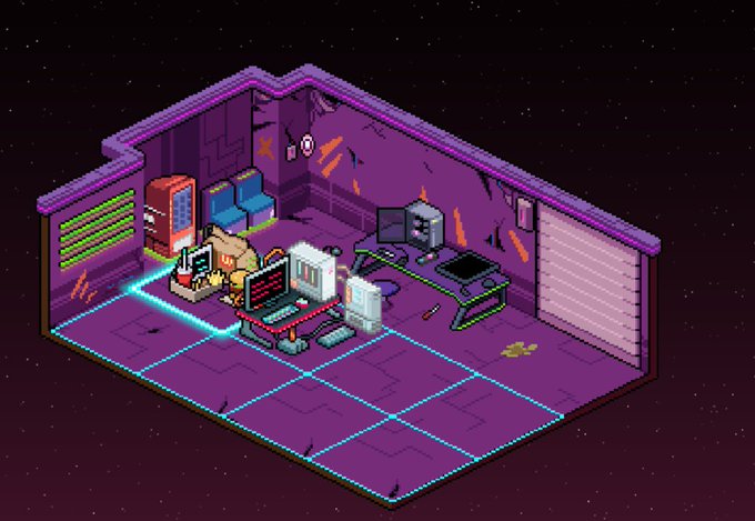 The image shows a room with purple walls and floor, which appears to be an office or workspace. There are two computer monitors placed side by side, along with a keyboard and mouse. A chair can also be seen in the room. The room seems to have been designed for gaming purposes, as there is a game being played on one of the computers.