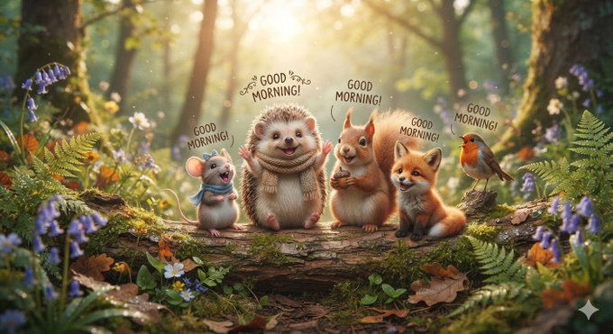A whimsical forest scene featuring a mouse, hedgehog, squirrel, fox, and robin on a log, each with speech bubbles saying 'GOOD MORNING!' against a sunlit woodland backdrop.