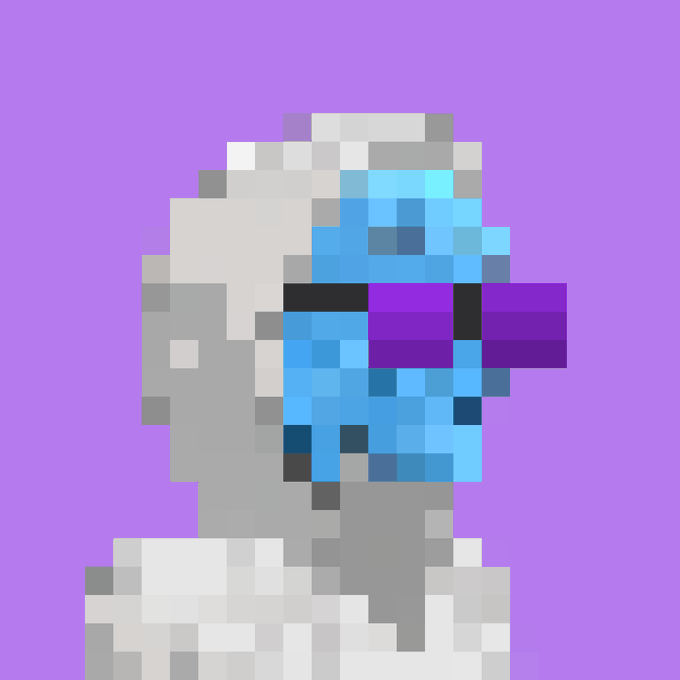 A pixel art bust of a hooded figure wearing a blue, robotic-looking mask with purple visor and snorkel-like attachment, set against a lavender background—likely representing one of the robotic NFT avatars from the Argonauts collection, specifically #5811.