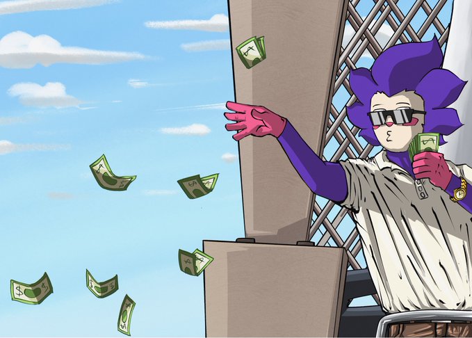 A purple-haired anime character wearing sunglasses and pink gloves tosses dollar bills into the air, symbolizing the lavish wealth and financial success that $CHOG holders are anticipated to enjoy a year from now.
