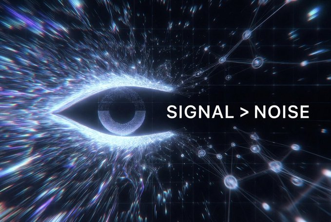 A futuristic space-themed graphic featuring a glowing digital eye on the left with the text 'SIGNAL > NOISE' on the right, surrounded by a network of connected nodes.