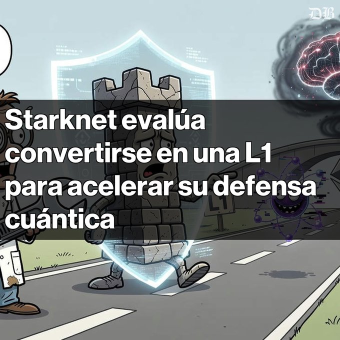 An illustrated cartoon of a chess rook character protected by a shield, with Spanish text: "Starknet evalúa convertirse en una L1 para acelerar su defensa cuántica."