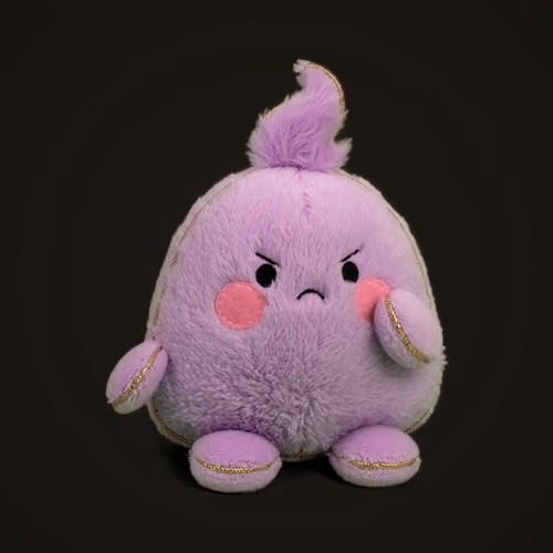 A small purple plush toy with an angry expression, rosy cheeks, and gold trim on its limbs.
