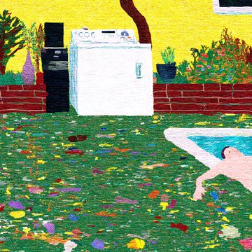 The image features a painting of a man lying in a pool surrounded by various objects, including a white washing machine and a black water heater. The scene also includes a potted plant near the center of the painting. The artwork appears to be a collage or mixed media piece with different elements combined together.
