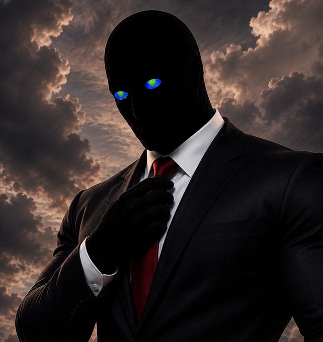 A figure in a shadowy black suit with glowing blue eyes adjusts a red tie against a dramatic cloudy sky, evoking an ominous, anonymous crypto influencer persona. The image's mysterious "faceless" aesthetic aligns with the post promoting a $30 airdrop giveaway, lending an aura of secrecy to the promotional message.